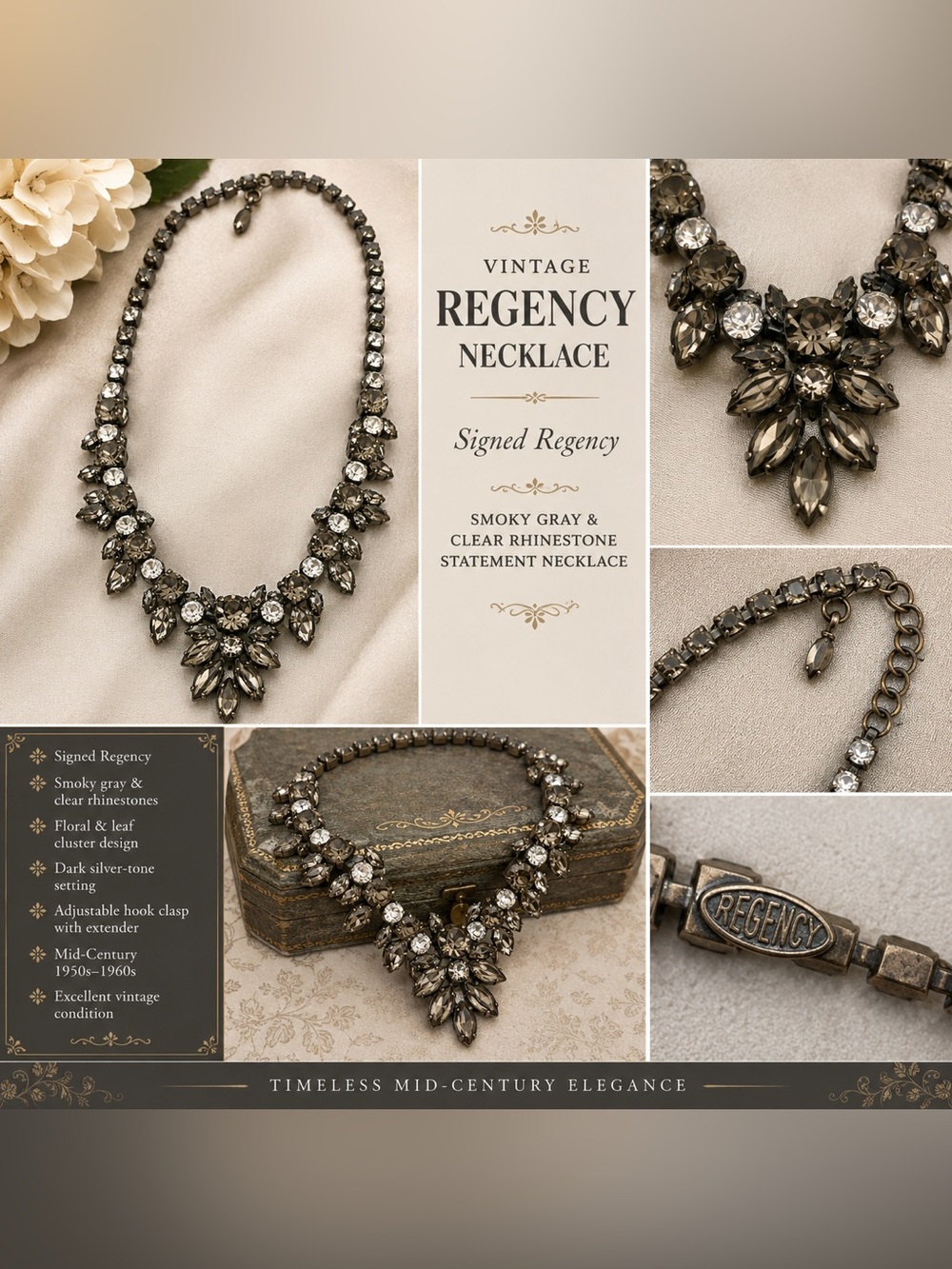 Vintage Regency Smoky Gray & Clear Rhinestone Statement Necklace
